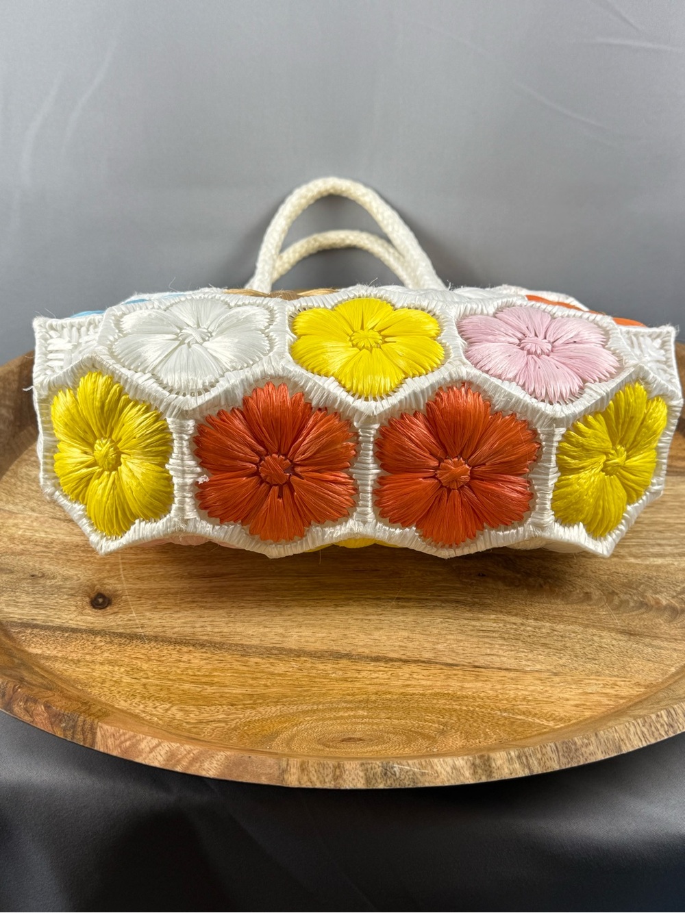 Vintage Raffia Flower Handbag Pastel Floral Straw Purse Cottagecore - Picture 4 of 9